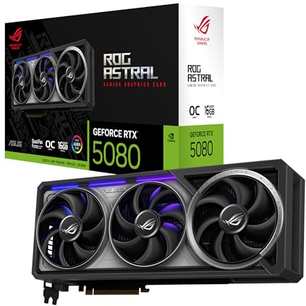 ASUS ROG Astral GeForce RTX 5080 16GB GDDR7 OC Edition Gaming Grafikkarte | Nvidia GeForce RTX5080, vier Lüfter, 3.8-Slot-Design, PCIe 5.0, 2x HDMI 2.1b, 3x DisplayPort 2.1a