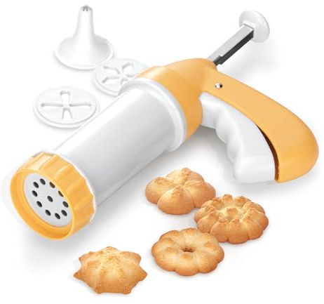 Tescoma DELICIA Teigpresse Gebäckpresse, spülmaschinenfeste Garnierspritze mit einfacher Handhabung, Vielseitigkeit für Kekse, Plätzchen und Tortengarnierungen, 10 Motivscheiben, 6 Garniertüllen