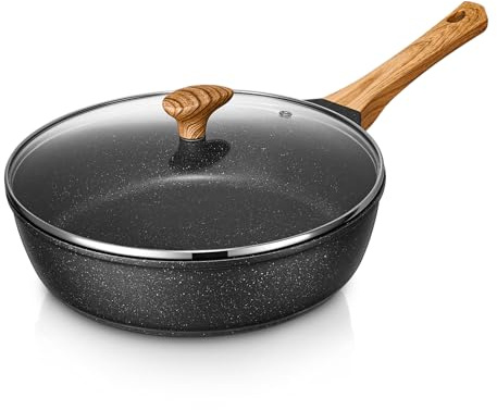 D.Perlla Bratpfanne mit Glasdeckel Ø28 cm, Höhe 8 cm, Antihaft Pfanne für alle Herdarten, Induktions Kompatibel, Granitbeschichtung Hochrandpfanne, PFOA-frei, Aluguss Kochpfanne, Kratzfest