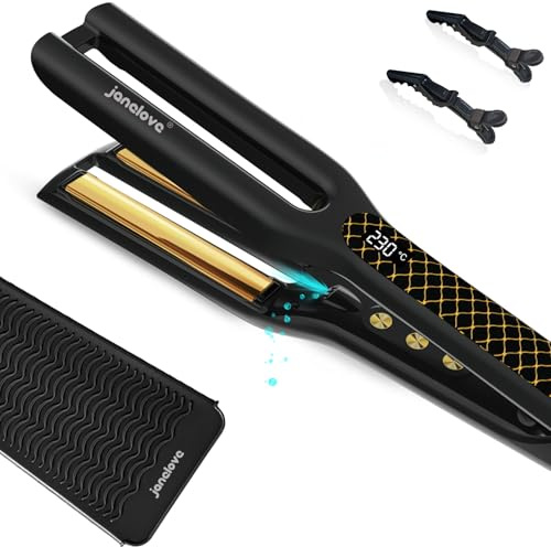 janelove Ionen Glätteisen mit Silikonbeutel, 4x10mm Titan-platten Breit Haarglätter für 2x Effizienter, 80°C-230°C Glätteisen für Dickes haar, mit LCD-Display - Schwarz