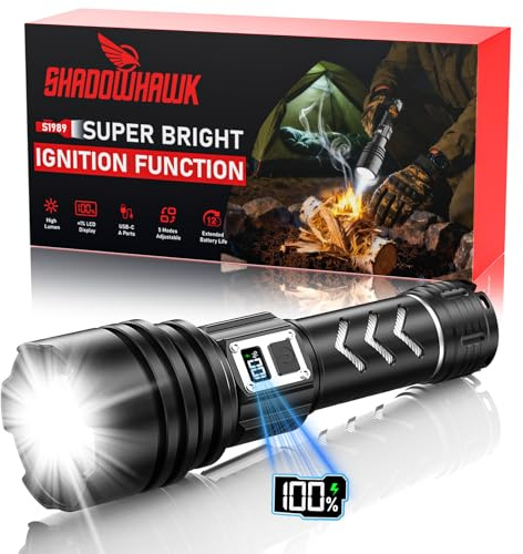 Shadowhawk Taschenlampe Led Aufladbar 1,000,000LM Extrem Hell, Zündfunktion | 60W Starke Taktische Taschenlampen, 1000m Weitschuss & 12H Laufzeit, IP67 LCD-Display flashlight für Survival/Outdoor/Camping