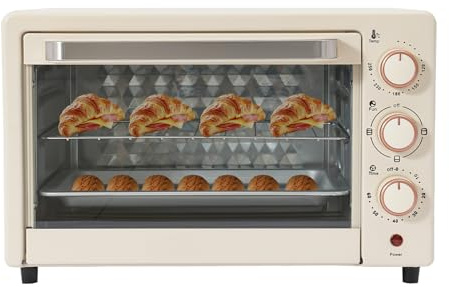 Minibackofen, 22L 1000W Elektrobackofen mit Grillpfanne & Grillrost,Mini backofen Pizzaofen mit Einstellbarer Temperatur (120°C-250°C), 4 Heizrohre, Miniofen Kombigerät für Partys,Familien (Cremeweiß)