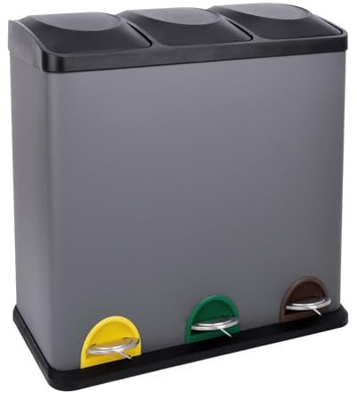 SVITA TC3X20 Treteimer 60 Liter Grau 3x20L Edelstahl dreifach XXL Abfalleimer 3er-Mülleimer Mülltrennung Küchen-Eimer