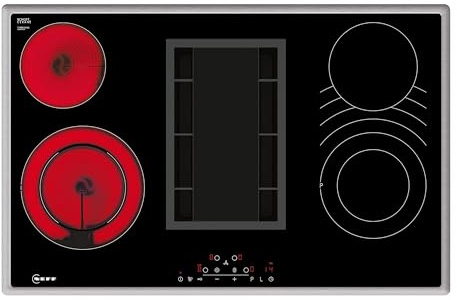NEFF T18BD3AN0 N 70, Elektrokochfeld 80 cm mit integriertem Kochfeldabzug, Made in Germany, Touch Control, Kombi-Zone, Extrem leise, Leicht zu reinigende Fettfilter, Schwarz mit Edelstahlrahmen
