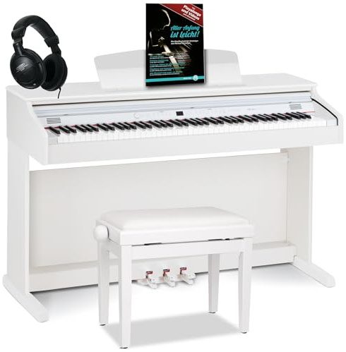 Classic Cantabile DP-50 E-Piano - Digital Piano 88 Tasten mit Hammermechanik, 14 Voices, Kopfhöreranschlüsse, USB, 3 Pedale, Notenhalter - perfekt geeignet für Anfänger (Weiß matt, Set mit Zubehör)