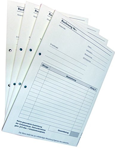 4x Rechnungsblock Block Rechnung Kleinunternehmer nach § 19 DIN A5, 2-fach selbstdurchschreibend 2x50 Blatt - gelocht (22435)