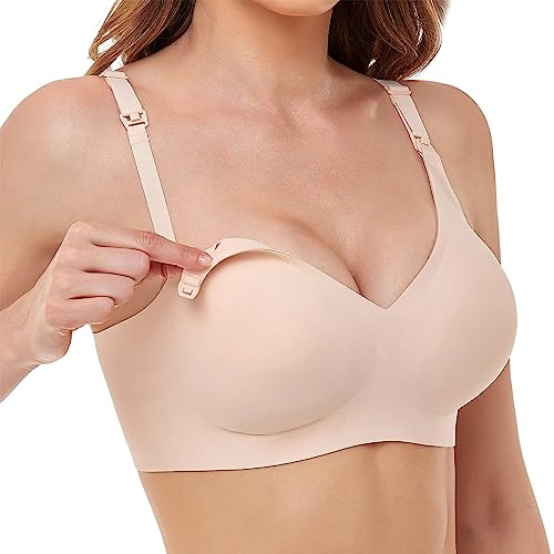 Vinfact Seidig Glatter Still BH Damen Ohne Bügel Nahtloser Stillbh Schwangerschafts-BHs mit zusätzlichen Verlängerungen zum Schlafen und Stillen Nude L