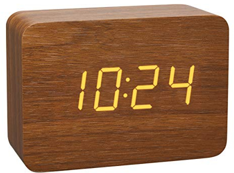 TFA Dostmann Design Funk-Wecker in Holz-Optik Clocco, 60.2549.08, Holzwecker, mit Innentemperatur, Designuhr, aus Kunststoff, braun/orange