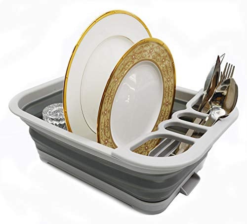 SAMMART Collapsible Plastic Dish Drainer with Drainer Board - Foldable Drying Rack Set - Portable Dinnerware Organizer - Space Saving Kitchen Storage Tray (Grau)