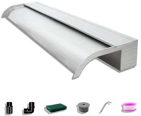 LONGRUNNEW Teich Wasserfallklingen Set, 90 cm Edelstahl Poolfontäne mit Zubehör, Breite 18 cm Gebogene Auslauf Spritzwand für Garten Patio Teichdekoration