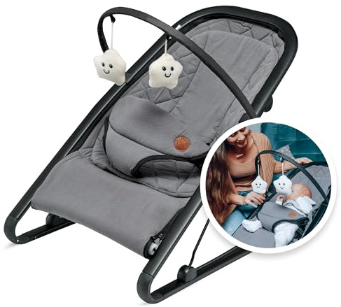 DeZeyno Babywippe für Neugeborene – Spielebogen höhenverstellbar bis 24monate, sanfte Wippfunktion, ergonomisch & weich gepolstert – Grau