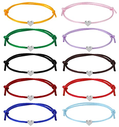 Xinstroe 10 Stück Herz Freundschaftsarmband, Seil Armbänder Filigranes Größenverstellbar für Frauen Mädchen (Silber)