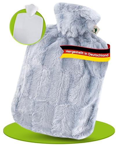 Hugo Frosch Wärmflasche Klassik 1,8l – Made in Germany – mit kuscheligem Flauschbezug in Felloptik Grau – große, auslaufsichere Bettflasche – mit waschbarem Bezug