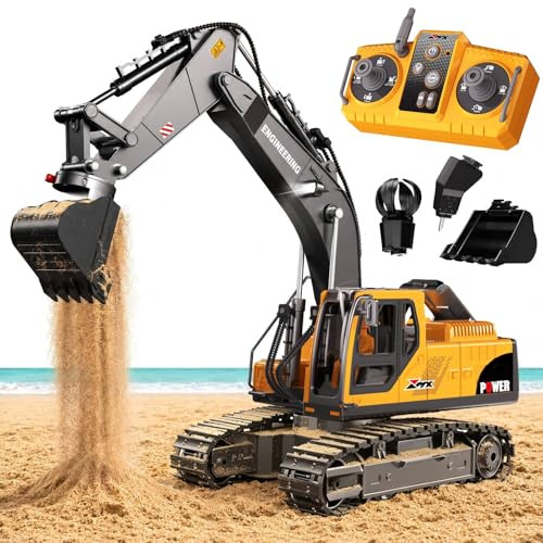 GraceDuck 3-in-1 RC Bagger Spielzeug mit Metall-Aufsätzen - 2,4GHz Ferngesteuerter Bagger für Sandkasten & Outdoor, 680° Drehbarer Strandspielzeug, Sandspielzeug Geschenk für Kinder ab 6-12 Jahren