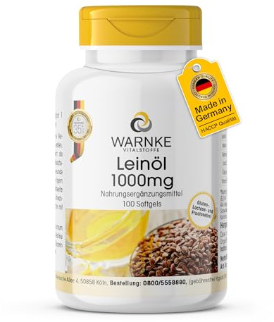 Leinöl Kapseln - 100 Softgels - Pflanzliches Omega 3-6-9 - hochdosiert - Flaxseed Oil 1000mg | Warnke Vitalstoffe - Deutsche Apothekenqualität