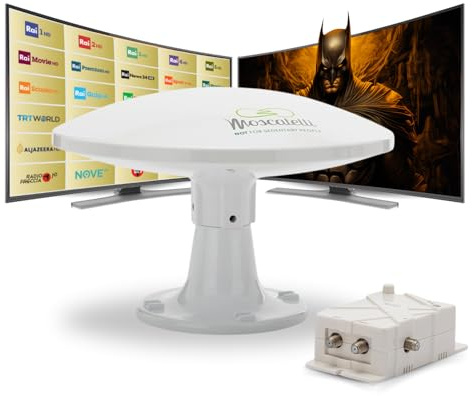 MOSCATELLI Omnidirektionale terrestrische DVB DVBT2 Outdoor Camping Antenne für Wohnmobile und Wohnwagen - 12/24/220V - Kit mit Kabeln, Verstärker und LTE Filter. Wasserdicht, UV-Schutz