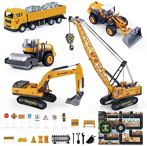 Coolplay Druckguss Baufahrzeug LKW Spielzeug Set für Kinder Auto Spielzeug mit Matten, kran, Bagger, Radlader, Straßenwalze mit 2 austauschbaren Teilen Gabelstapler und Schneepflug für Jungen