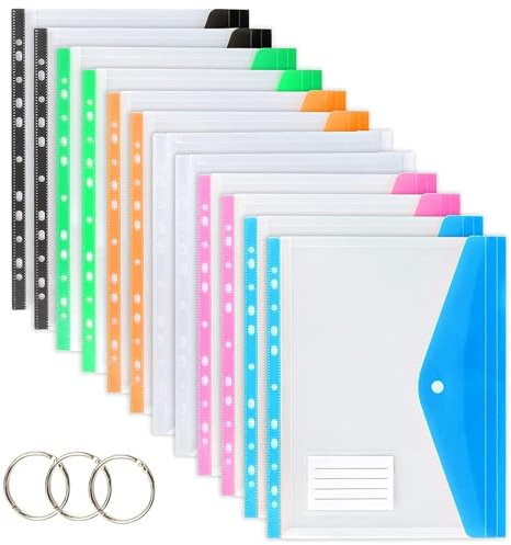 TOOELMON Dokumententasche A4, 12 Stück Transparent Dokumentenmappe A4 zum Abheften, Erweiterbare Wasserdicht Dokumenten Mappen Abheftbar mit Druckknopf, 6 Farben