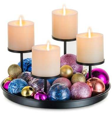 Sziqiqi Adventskranz Rund Metall Schwarz, Moderner Tablett, 30cm | Adventsgesteck Gestell mit Verschieden Hohen Kerzenhalter für 4 Stumpenkerzen, Advent-Kerzenständer für Weihnachten Tischdeko