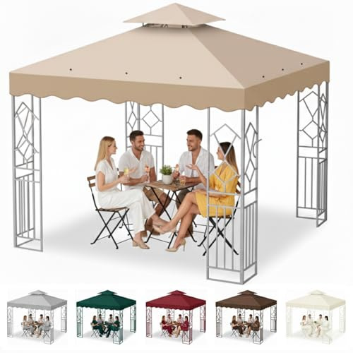 Ersatzdach Pavillon 3 x 3 m, Wasserdicht Pavillon Dach 300D Polyestergewebe für Gartenpavillon mit Air Vent, Doppeldach UV-Schutz-Sonnenschutz für Garten und Camping