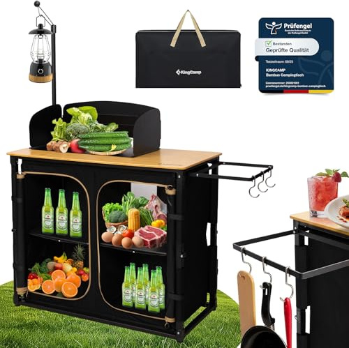 KingCamp Bambus Campingküche Faltbar Schnelles Aufklappen 15s Alu-Rahmen | Campingschrank Klappbar mit Lampenstange, Windschutz, Montage ohne Werkzeug, Viel Stauraum, Camping Möbel für BBQ Picknicks