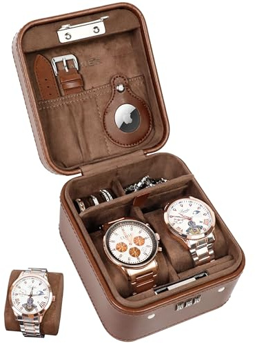 KAMIER Uhrenbox für Herren,2 Uhren Reise Uhrenetui mit Kombinationsschloss,PU-Leder Uhren Aufbewahrungsbox, Uhrengehäuse für Ringe,Uhrenarmbänder,Geschenkbox für Herren und Damen- Braun