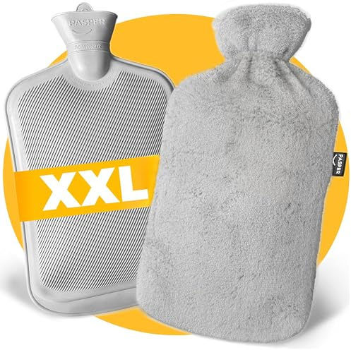 XXL Wärmflasche Groß 3,5 Liter mit Bezug - Grau und Weiches Fleece Wärmflaschenbezug - Wärmeflasche XL für Babys, Kinder und Erwachsene - Geschenk für Frauen Freundin