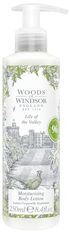 Woods of Windsor Body Lotion, blumige Feuchtigkeitscreme für Frauen, schnell einziehende Körpercreme, um die Haut weich zu machen und mit Feuchtigkeit zu versorgen, Maiglöckchenduft 250ml