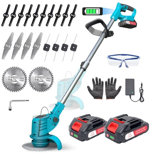 Rasentrimmer mit Akku – Akku Rasentrimmer, 9000 U/min, 2x1500mAh, Teleskopgriff 71–106cm, 4 Schneidköpfe – Freischneider Akku für Garten, Motorsense, Kantenschneider Rasen
