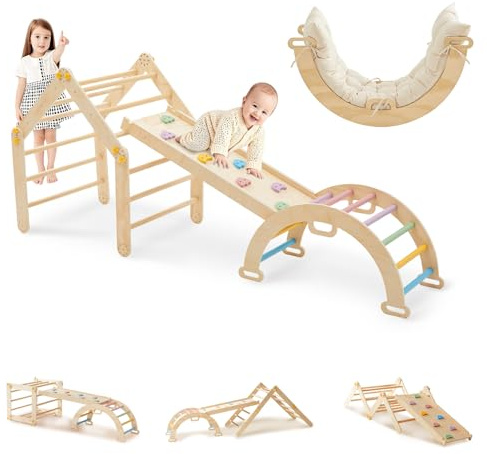 DENMOSTY 7-in-1 Montessori Klettergerüst Indoor ab 1 Jahr - Kletterdreieck mit Rutsche, Kletterbogen mit Kissen, Pikler Dreieck Baby Klettern Indoor Spielplatz Holz für Kinder und Kleinkinder