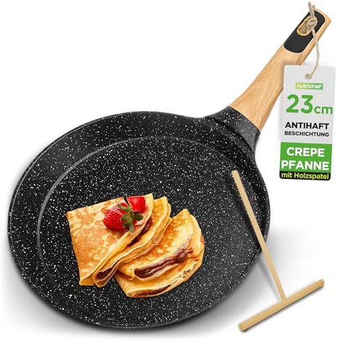 Nutrichef Crepe Pfanne 23 cm Induktion Antihaft Schwarz – Pfannkuchenpfanne Marmorbeschichtet Aluminium mit Holzspatel für Pancake Crepes PFOA Frei Leicht Reinigung, Alle Herdarten