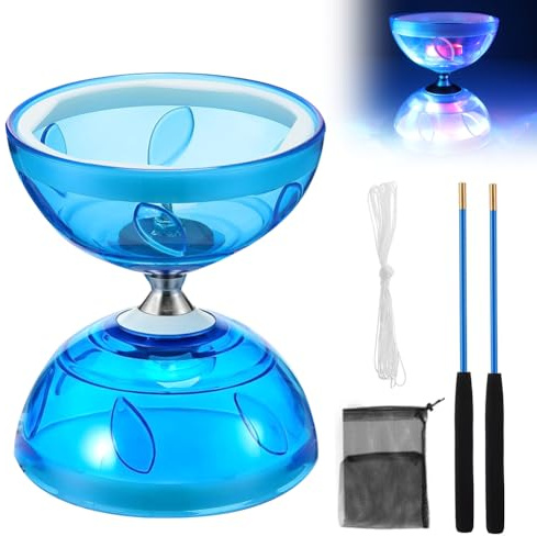 LED Diabolo Freiläufer mit Kugellager Diabolo Leuchtend im Dunkeln,4Farben Licht Diablo Jonglier Set,Dreifache Lagerung Set für Kinder Erwachsene,Anfänger Profis Freilauf Zirkus Jonglierspielzeug,Blau