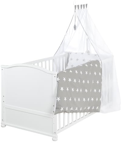 roba Babybett Set Little Stars - 70 x 140 cm - Kinderbett mitwachsend / umbaubar + komplette Textilien im Sterne Design - Höhenverstellbar - Holz weiß