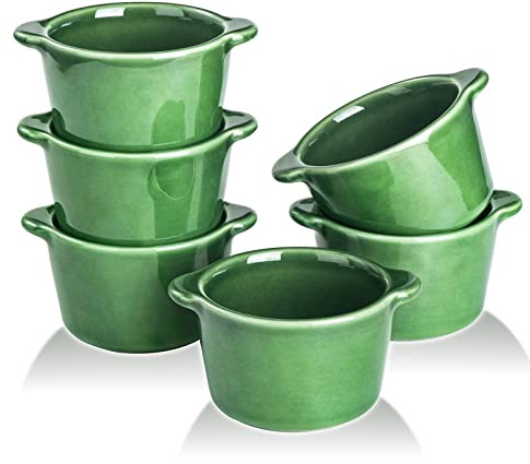Creme Brulee Auflaufförmchen Keramikschalen – VICRAYS Mini-Vanillebecher, 237 ml, ofenfeste Schüsseln, Souffle-Schalen zum Backen, einzelne Kasserolle, Dip-Sauce, Pioneer, Frau, Grün, 6 Stück