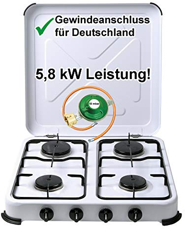 Bluecraft Campingkocher 4 flammig Gaskocher mit 5,8 kW Leistung für Gasflaschen Vierfach Gasherd mit Zubehör 50 mbar Gasregler Gasschlauch für Camping Outdoor Garten & Freizeit