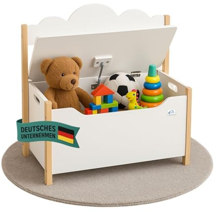 Coemo Spielzeugtruhe mit Sitzbank, Holztruhe Weiß Trudi 60×26×55 cm – Kinderzimmer Bank mit Stauraum, Spielzeugkiste mit Sicherheitsscharnier, kindgerechte Sitzhöhe, dekoratives Wolken-Design