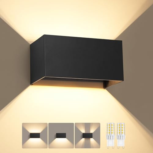 Wandlampe mit Austauschbarer G9 LED Lampe, Einstellbarer Lichtstrahl | 3000K LED Wandleuchte Innen/Aussen, Aluminium Außenwandleuchte, IP54 Wasserdichte, Auf und Ab, für Wohnzimmer Garten Schwarz