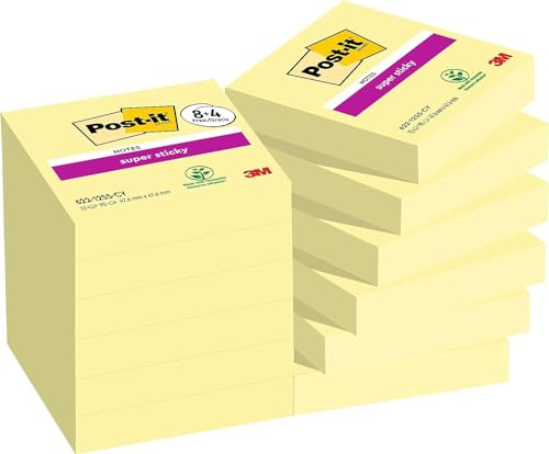 Post-it Super Sticky Notes, 12 Blöcke, 90 Blatt pro Block, 47,6 × 47,6 mm, Gelb – Extra-Stark Klebende Notizzettel für To-Do-Listen und Erinnerungen