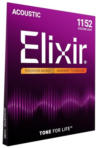 Elixir 16027 Saiten Phosphor Bronze Akustik-Gitarrensaiten mit NANOWEB Beschichtung, Custom Light (.011-.052)