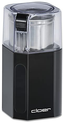 Cloer 7580 Elektrische Kaffee- und Gewürzmühle für Pesto, Nüsse und Getreide, bis zu 70 g Kaffeebohnen, abnehmbarer Edelstahlbehälter, schwarz, 200W