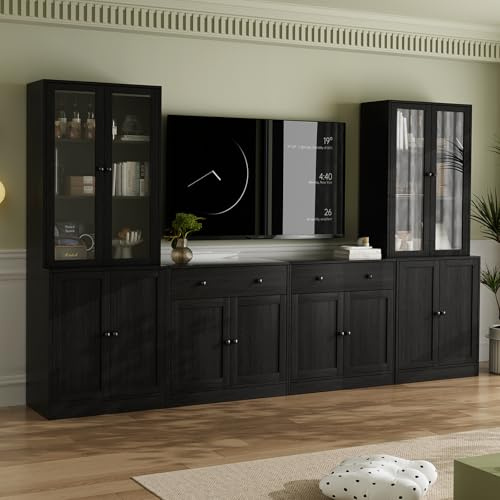 VOWNER 4PSC Großer TV-Schrank mit Bücherregalen für Fernseher bis zu 70 Zoll, 280 cm Long tv Ständer mit gehärteten Glastüren und Einlegeböden, fernsehschrank für Wohnzimmer, 2B+2C (Schwarz)