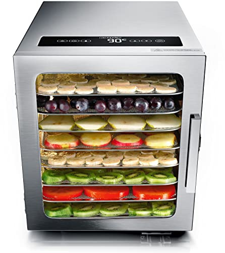 Arendo - Edelstahl Dörrautomat 8 fach - 500 Watt mit Temperaturregler - Dörrgerät für Lebensmittel Fleisch Früchte Obst Pilze - Timer bis zu 24 h - 8 Einlegefächer - GS - Dehydrator