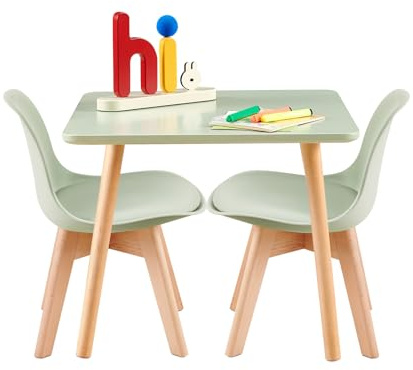EGGREE Kindertisch mit 2 Stühlen, Kindersitzgruppe, aus FSC nachhaltigem massivem Buchenholz, SGS getestet, 1 bis 6 Jahre Kinder, Kindermöbel für Kinderzimmer, Kindergärten,grün