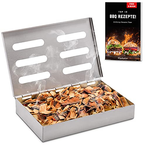 Räucherphorie® Räucherbox - Premium Edelstahl Smoker Box + E-Book - BBQ Food Smoker in der Premium Variante für Gasgrill Elektrogrill oder Holzkohlegrill (RB1)