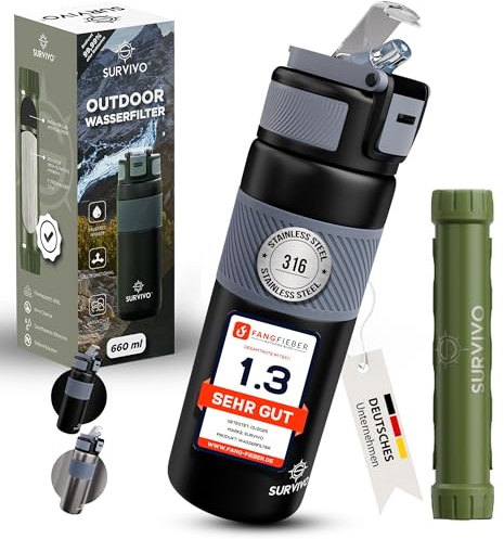 SURVIVO® Wasserfilter Outdoor Flasche [660ml] Trinkflasche aus Edelstahl mit entnehmbarem Filter, 4000l Filterkapazität, Camping, Wandern, Survival, Reisen – sicherste Ergänzung zur Outdoor Ausrüstung