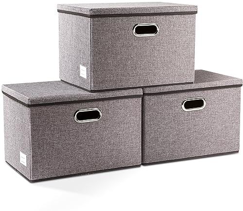 PRANDOM Aufbewahrungsbox mit Deckel Groß,Grau[3-stück] 43x30x30cm | Faltbare,Stapelbar,Stoffbox,Mit Griff,Dekorative Würfel,Mit Etikettentasche,Ordnung und Aufbewahrung,Schlafzimme,Schrank