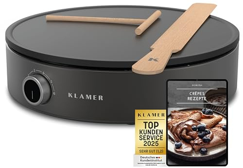 KLAMER Crepes Maker, Große Backfläche mit 33cm Ø, antihaftbeschichtete Platte, inkl. Teigverteiler und Wender aus Holz, Crepes Eisen für Crepes, Pancakes & Tortilla, 1500W
