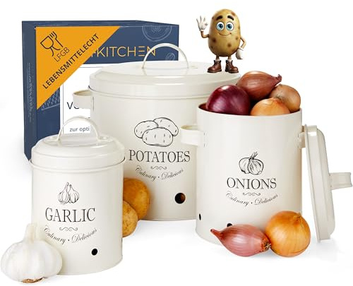 HIKITCHEN® Vorratsbehälter-Set für länger frisches Gemüse (creme weiß) - Stilvolle Kartoffel-, Knoblauch- und Zwiebel-box/topf - Gemüsebehälter