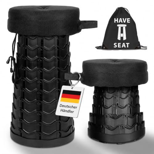 Have A Seat Teleskophocker – praktisches Sitzkissen mit Tasche – Hocker höhenverstellbar in 11 Stufen – 45 cm Höhe – faltbar – kompakt 1,5kg – Sitzfläche 25 cm – Tragegriff – schwarz