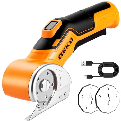 DEKOPRO Kartonschneider Elektrisch, Multifunktionale Akku-Schere, Kabellos mit selbstschärfenden Klingen, 389 g, bürstenloser Motor, USB-C, für Karton, Pappe, Teppich, PVC & Leder